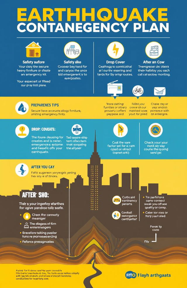 A detailed and visually appealing infographic depicting an earthquake contingency plan