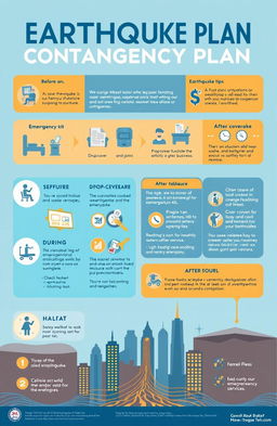 A detailed and visually appealing infographic depicting an earthquake contingency plan