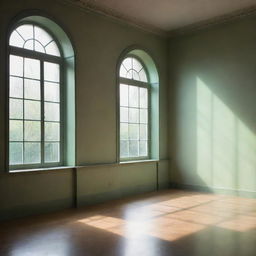 A soft, ethereal green light streaming through a grand window and illuminating the shadows of a tranquil, unoccupied room.