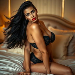 A sultry portrait of a glamorous woman with flowing black hair and striking red lips, dressed in elegant black lingerie