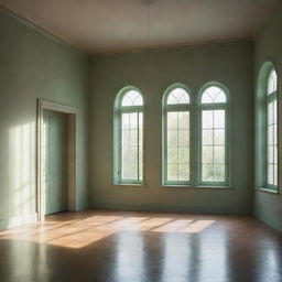 A soft, ethereal green light streaming through a grand window and illuminating the shadows of a tranquil, unoccupied room.