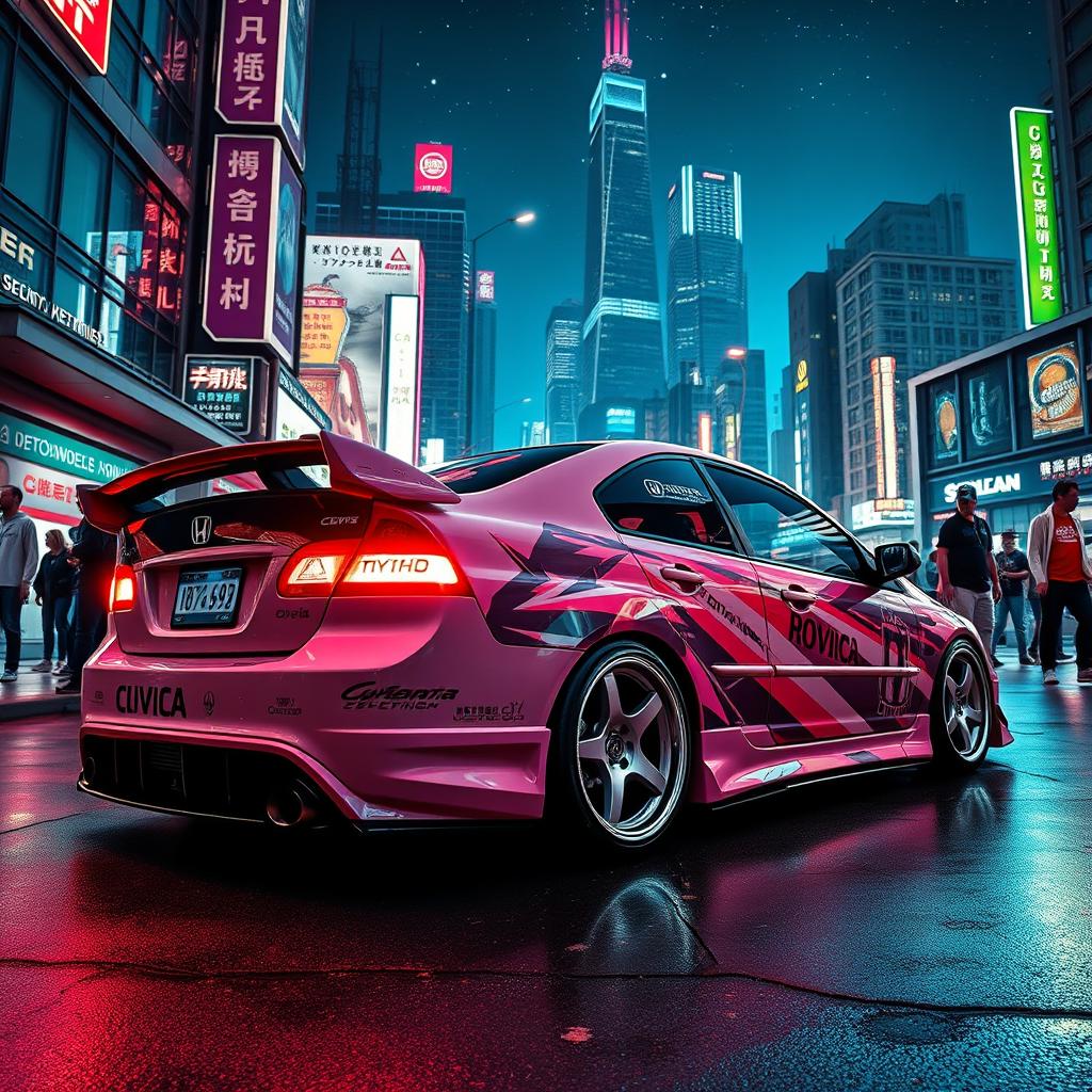 A 2001 Honda Civic parked in a vibrant cyberpunk city, illuminated by neon lights and futuristic buildings