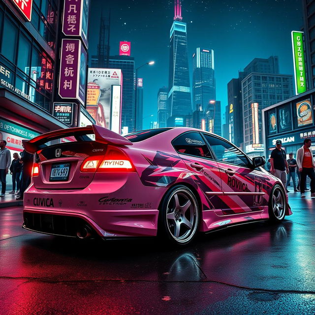 A 2001 Honda Civic parked in a vibrant cyberpunk city, illuminated by neon lights and futuristic buildings