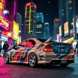 A 2001 Honda Civic parked in a vibrant cyberpunk city, illuminated by neon lights and futuristic buildings