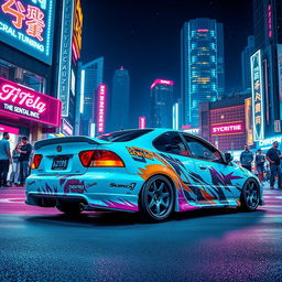 A 2001 Honda Civic parked in a vibrant cyberpunk city, illuminated by neon lights and futuristic buildings