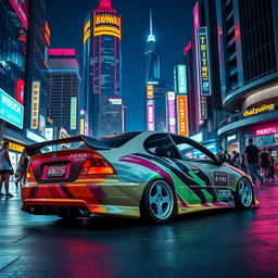 A 2001 Honda Civic parked in a vibrant cyberpunk city, illuminated by neon lights and futuristic buildings