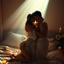 A sensual and intimate scene depicting two adult figures locked in a passionate embrace, surrounded by soft candlelight that casts warm, inviting shadows