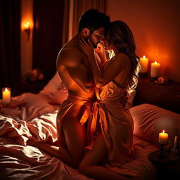 A sensual and intimate scene depicting two adult figures locked in a passionate embrace, surrounded by soft candlelight that casts warm, inviting shadows