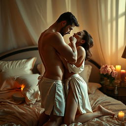 A sensual and intimate scene depicting two adult figures locked in a passionate embrace, surrounded by soft candlelight that casts warm, inviting shadows