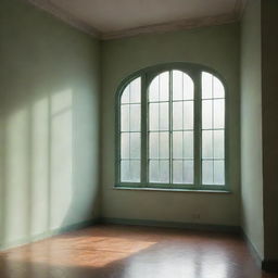 A soft, ethereal green light streaming through a grand window and illuminating the shadows of a tranquil, unoccupied room.