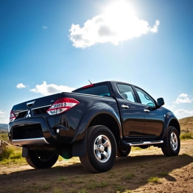 A black 2007 Mitsubishi L200 pickup truck, showcasing its full body from a slightly angled perspective, highlighting its sleek design and reflective surfaces