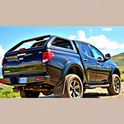 A black 2007 Mitsubishi L200 pickup truck, showcasing its full body from a slightly angled perspective, highlighting its sleek design and reflective surfaces