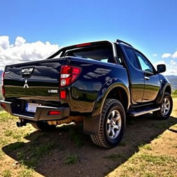 A black 2007 Mitsubishi L200 pickup truck, showcasing its full body from a slightly angled perspective, highlighting its sleek design and reflective surfaces