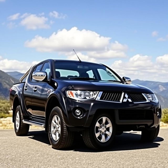 A sleek, black 2007 Mitsubishi L200 pickup truck, showcasing its full body with a shiny finish and stylish design