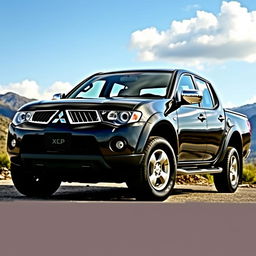 A sleek, black 2007 Mitsubishi L200 pickup truck, showcasing its full body with a shiny finish and stylish design