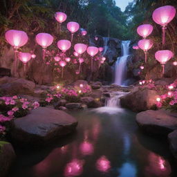 Decorate the pink-hued night scene of the heart-filled paradise with clusters of glowing pink lanterns, radiating soft light across the tranquil waterfalls and lush landscape.