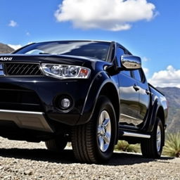 A sleek, black 2007 Mitsubishi L200 pickup truck, showcasing its full body with a shiny finish and stylish design