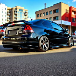 A sleek black 2003 Honda Civic featuring an aggressive body kit, lowered stance, custom alloy wheels, and a sporty rear spoiler