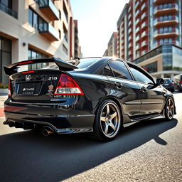 A sleek black 2003 Honda Civic featuring an aggressive body kit, lowered stance, custom alloy wheels, and a sporty rear spoiler