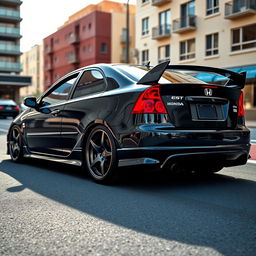 A sleek black 2003 Honda Civic featuring an aggressive body kit, lowered stance, custom alloy wheels, and a sporty rear spoiler