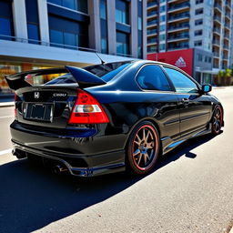 A sleek black 2003 Honda Civic featuring an aggressive body kit, lowered stance, custom alloy wheels, and a sporty rear spoiler