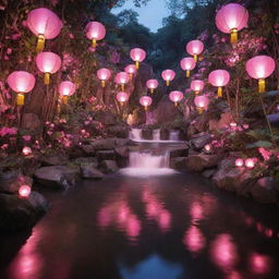 Decorate the pink-hued night scene of the heart-filled paradise with clusters of glowing pink lanterns, radiating soft light across the tranquil waterfalls and lush landscape.