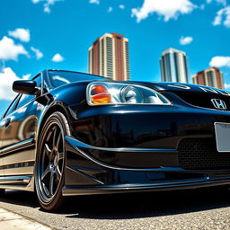 A sleek, black 2003 Honda Civic featuring an aggressive body kit, showcasing its sporty modifications