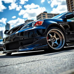 A sleek, black 2003 Honda Civic featuring an aggressive body kit, showcasing its sporty modifications