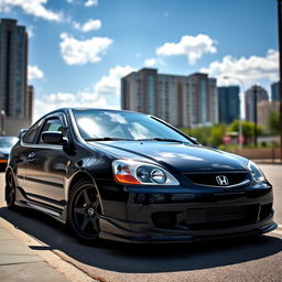 A sleek, black 2003 Honda Civic featuring an aggressive body kit, showcasing its sporty modifications