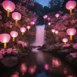 Decorate the pink-hued night scene of the heart-filled paradise with clusters of glowing pink lanterns, radiating soft light across the tranquil waterfalls and lush landscape.