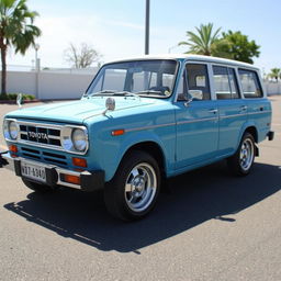 A vintage 1997 Toyota Corona CJ40, featuring a classic Celeste blue color with a contrasting white roof