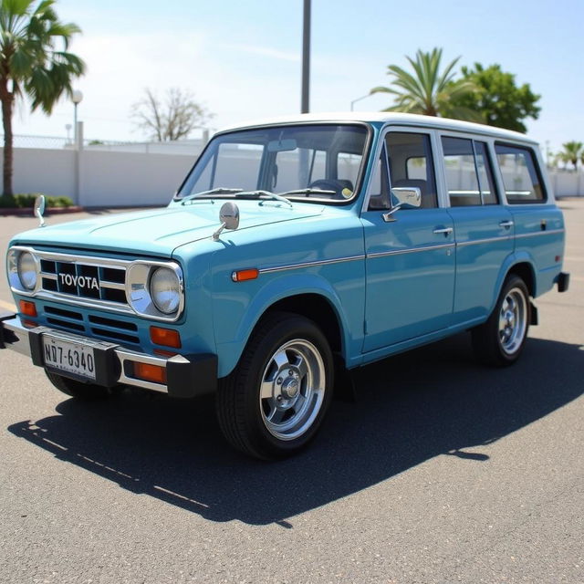 A vintage 1997 Toyota Corona CJ40, featuring a classic Celeste blue color with a contrasting white roof