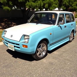 A vintage 1997 Toyota Corona CJ40, featuring a classic Celeste blue color with a contrasting white roof