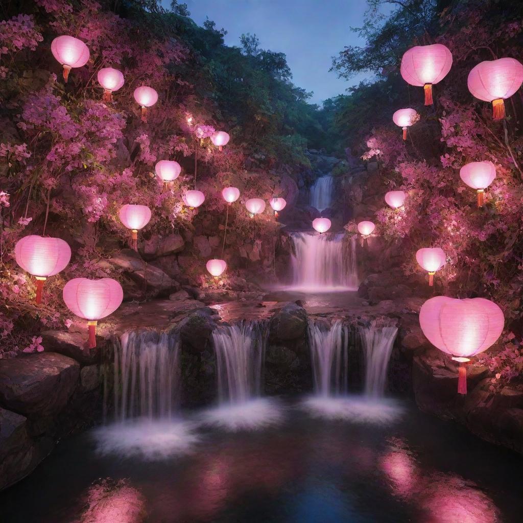 Decorate the pink-hued night scene of the heart-filled paradise with clusters of glowing pink lanterns, radiating soft light across the tranquil waterfalls and lush landscape.