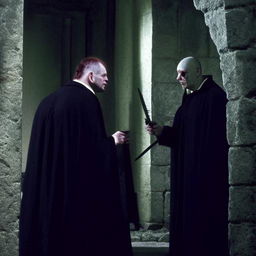 Lord Voldemort, recognizable by his chalk white skin, slit-like nostrils, and piercing red eyes; clothed in a high-collared black robe, holding an yew wood wand, accompanied by Nagini in the ruins of a stone building.