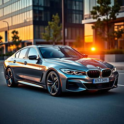 A sleek and modern BMW car parked on a stylish urban street during sunset