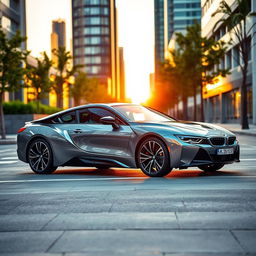 A sleek and modern BMW car parked on a stylish urban street during sunset