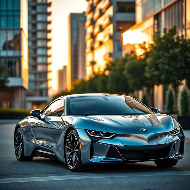 A sleek and modern BMW car parked on a stylish urban street during sunset