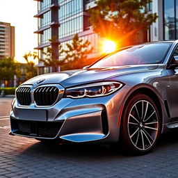 A sleek and modern BMW car parked on a stylish urban street during sunset