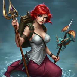 A female draconic sorcerer from Dungeons & Dragons, depicted as a stunning mermaid with short, vibrant red hair and striking silver eyes