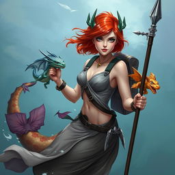 A female draconic sorcerer from Dungeons & Dragons, depicted as a stunning mermaid with short, vibrant red hair and striking silver eyes