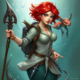 A female draconic sorcerer from Dungeons & Dragons, depicted as a stunning mermaid with short, vibrant red hair and striking silver eyes