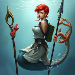 A female draconic sorcerer from Dungeons & Dragons, depicted as a stunning mermaid with short, vibrant red hair and striking silver eyes