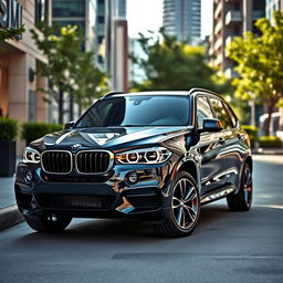 A BMW E83, known for its stylish SUV design, in a sleek black color parked elegantly in an urban environment