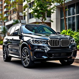 A BMW E83, known for its stylish SUV design, in a sleek black color parked elegantly in an urban environment