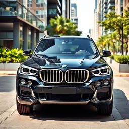 A BMW E83, known for its stylish SUV design, in a sleek black color parked elegantly in an urban environment