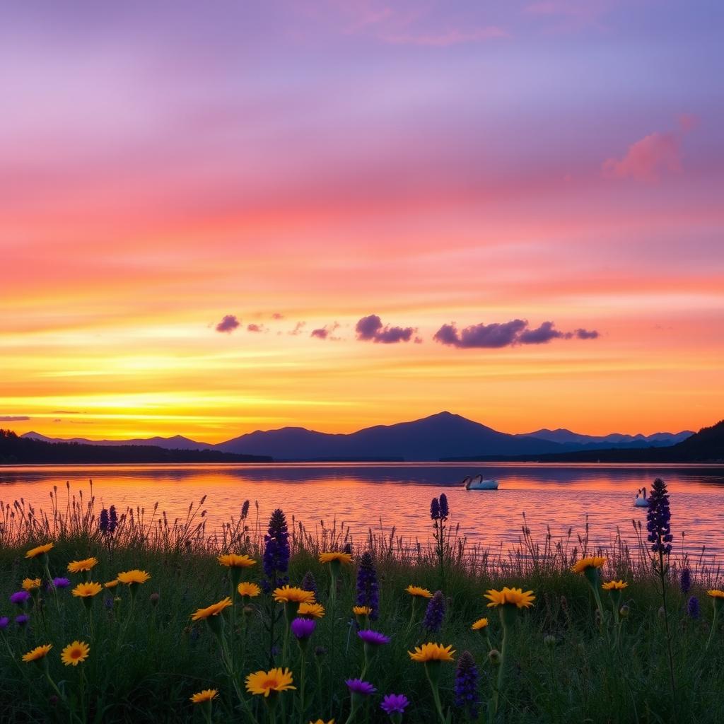 A serene landscape at sunset featuring a tranquil lake reflecting the orange and purple hues of the sky