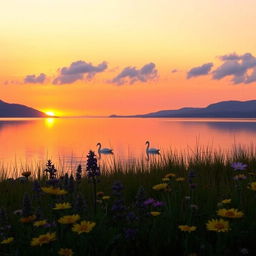 A serene landscape at sunset featuring a tranquil lake reflecting the orange and purple hues of the sky