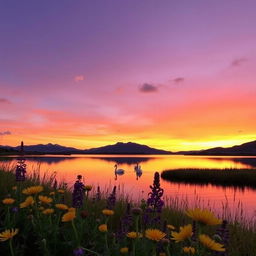 A serene landscape at sunset featuring a tranquil lake reflecting the orange and purple hues of the sky