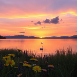 A serene landscape at sunset featuring a tranquil lake reflecting the orange and purple hues of the sky